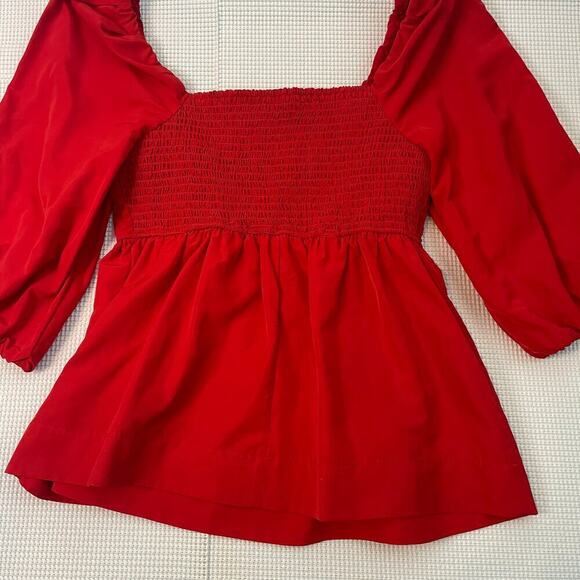 Free Assembly Red Top Square Neck Size Small Blouse Peasant Puff Sleeve - Picture 3 of 6